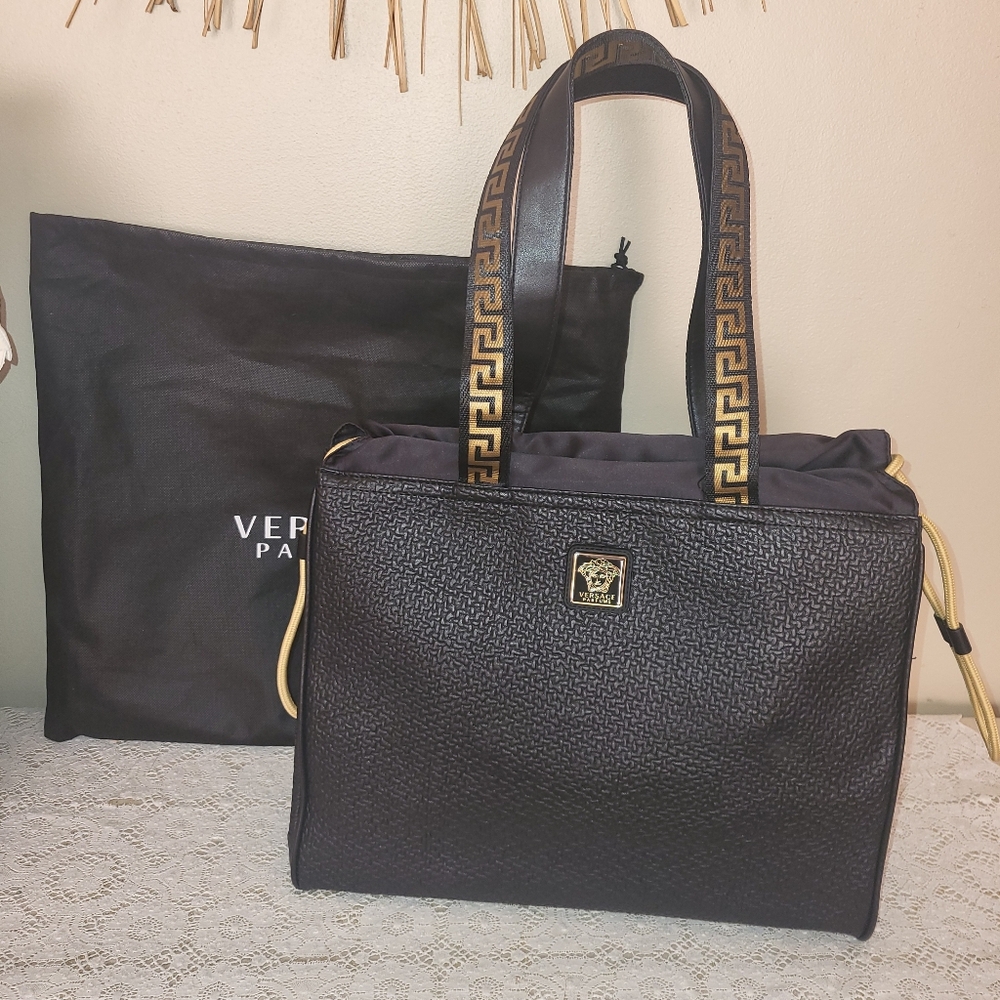 Versace Tote Bag Faux Leather Holdall Weekender Black Metallic Gold Medusa
